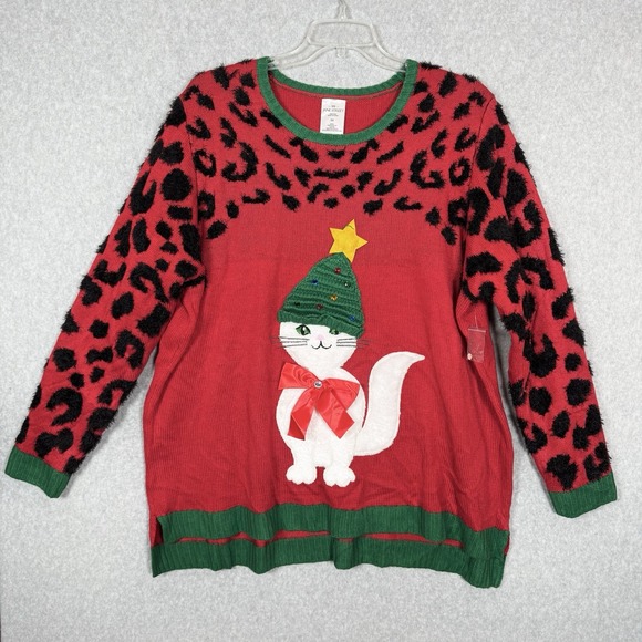 99 Jane Street Women's Ugly Christmas Sweater Cat Kitten Leopard 3d Textured 3X - Picture 1 of 12